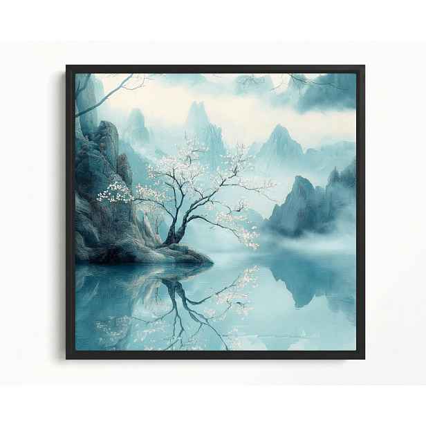 Obraz Rám Americká Krajina Asie Japonsko Turkus Hory Mlha Sakura 50x50