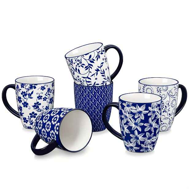 TEMU 6 ks modrobílých porcelánových hrnků na kávu 14 oz, vhodné na čaj, mléko a cappuccino