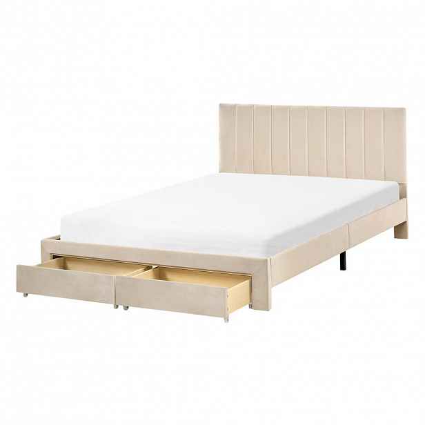 Beliani POSTEL s zásuvkami 140/200 cm Sametová látka Béžová Lonzac