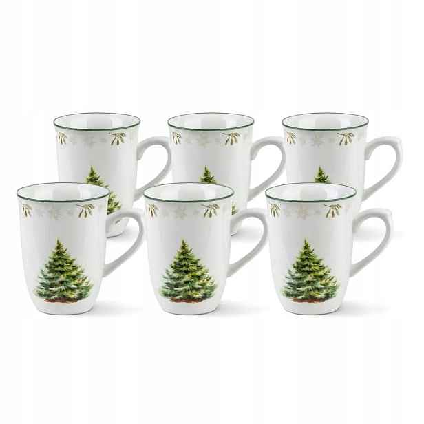 Vánoční porcelánové hrnky 340 ml Sada 6 ks Zelený vánoční stromek Retro