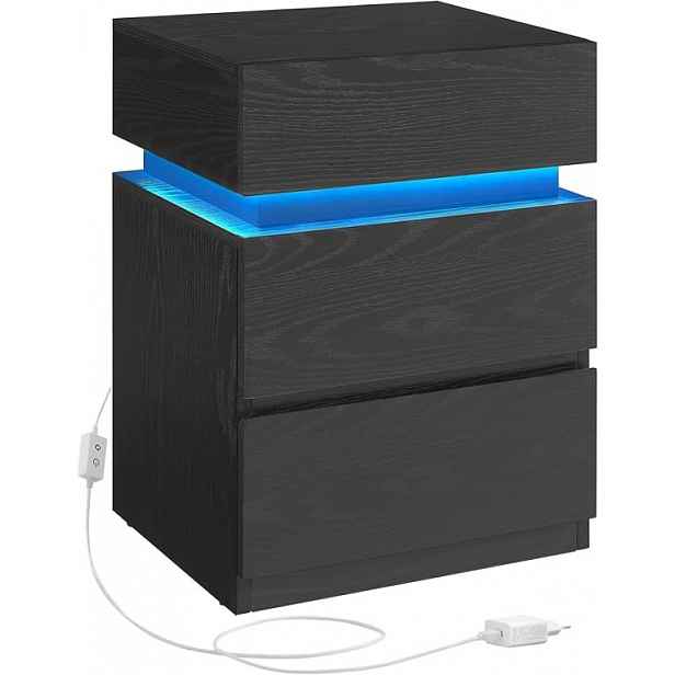 Noční stolek s LED osvětlením, 3 zásuvky, černý dekor dřeva