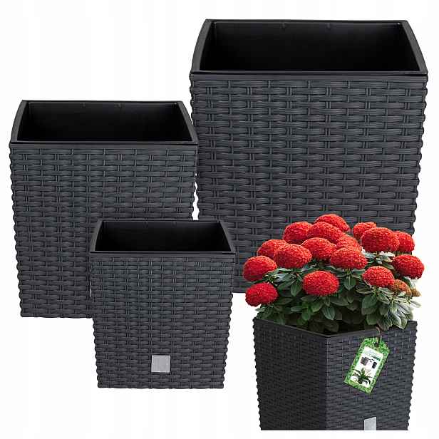 Set 3x Květináč Čtvercový Ratan Antracit Květinový Vložka