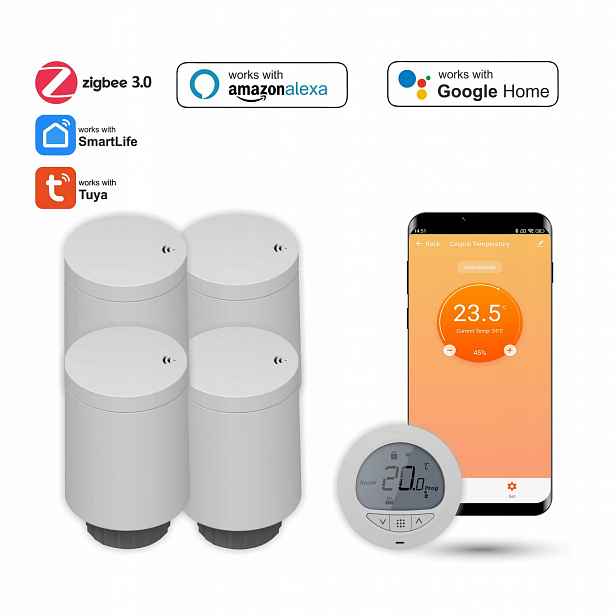 Sada se čtyřmi radiátorovými hlavicemi a termostatem Zigbee Tuya