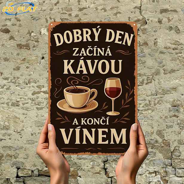 TEMU 2D Plochá, 2D Plochá 1 ks, Dobrý Den Začíná Kávou a Končí Vínem, kovová železná cedule, velikost (8"x12"/20cm*30cm) Dekorativní
