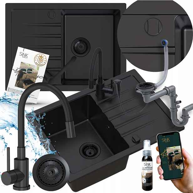 Set Granitový Dřez Černý Mat Baterie Sifon Automat Impregnat 8v1