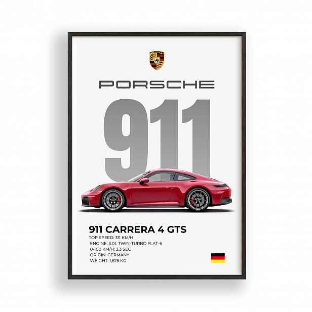 Obraz Auto Porsche 911 Carrera 4 Gts Rámeček Dřevěný Černý 30x42 cm