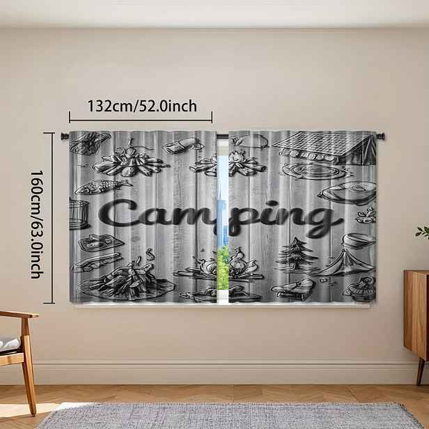 TEMU 2ks Rustic Camping Curtain - Polyester, Rod Tent & Campfire Pattern, Lehký a odolný pro ložnici obývací pokoj, Strojově pratelný, Nastavitelná