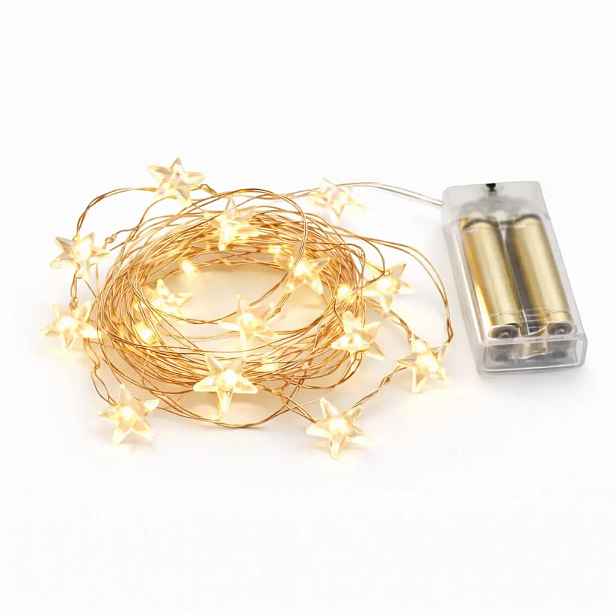 LED světýlka na baterie, hvězdičky, 3,4 m, teple bílá, 40 diod, měděná barva drátku, IP20 interiér, 3 × AA