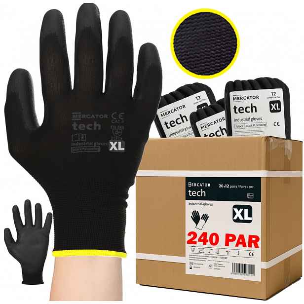 Pracovní Rukavice Mercator Tech Black+Black Pu XL 240 párů