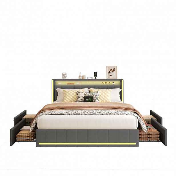 SHOPENTRA MANŽELSKÁ postel 140x190 cm, LED, 4 zásuvky, USB, šedá