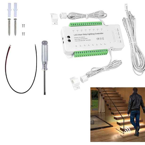 Led Schodišťový Ovladač 16 Stupňů Schodů Kanálů 240W 12-24V Senzory Pir