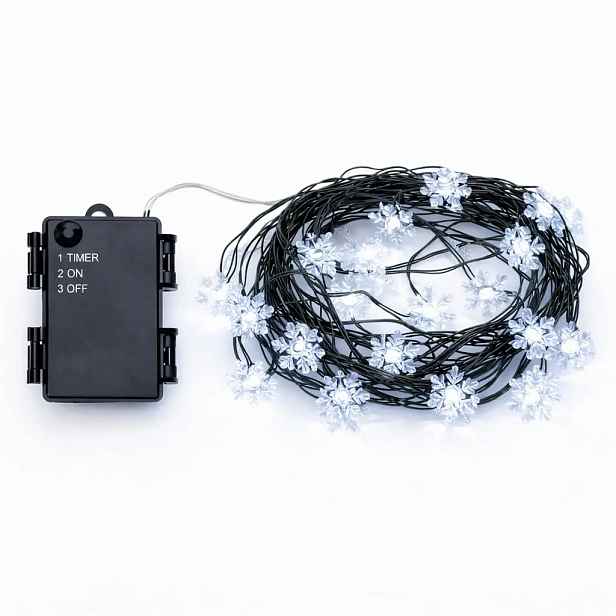 LED světýlka na baterie, vločky, 5,3 m, ledově bílá, 50 diod, zelený drátek, IP44 venkovní, 3 × AA
