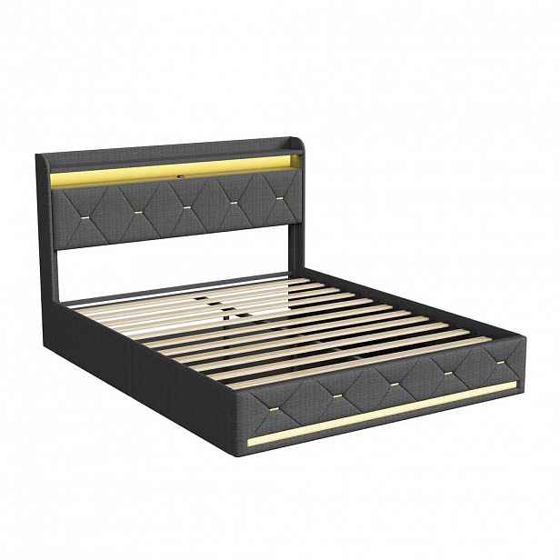 SHOPENTRA POSTEL s boxspringem 160x200, šedý lněný materiál, hydraulický úložný prostor, LED