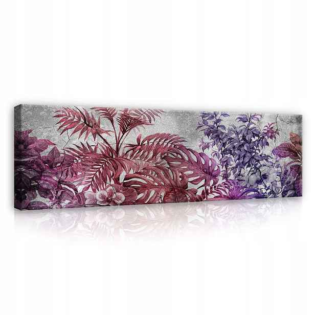 Obraz 145x45 Tropické listy džungle flóra růžová fialová bordó textura