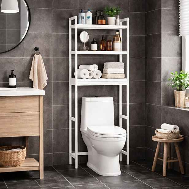 Police z bambusu a oceli, 3 patra, bílá, 63×26×170 cm