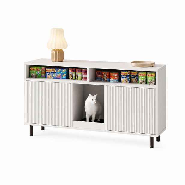 STILVORA KUCHYŇSKÁ SKŘÍŇ v bílé barvě na kočičí toaletu s podložkou na stelivo a úložným prostorem, 120 × 50 × 66 cm