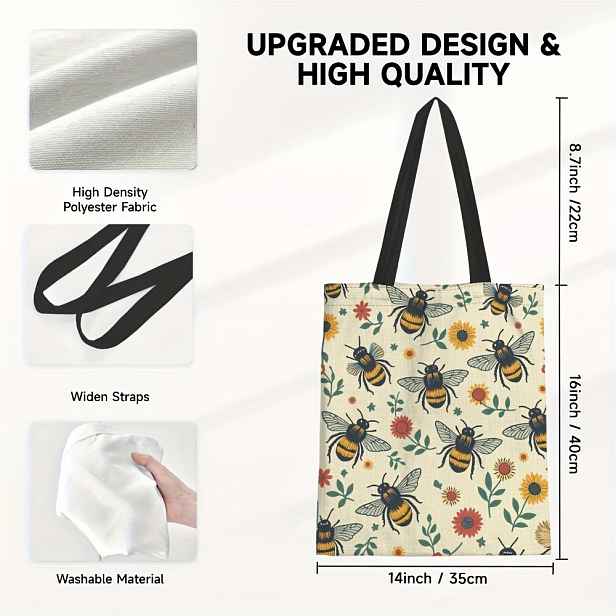 TEMU 1ks Chic Bee & Floral Print Canvas Tote Bag - Velká kapacita, pevný ramenní popruh, strojově pratelný - Ideální pro studenty, dojíždění,