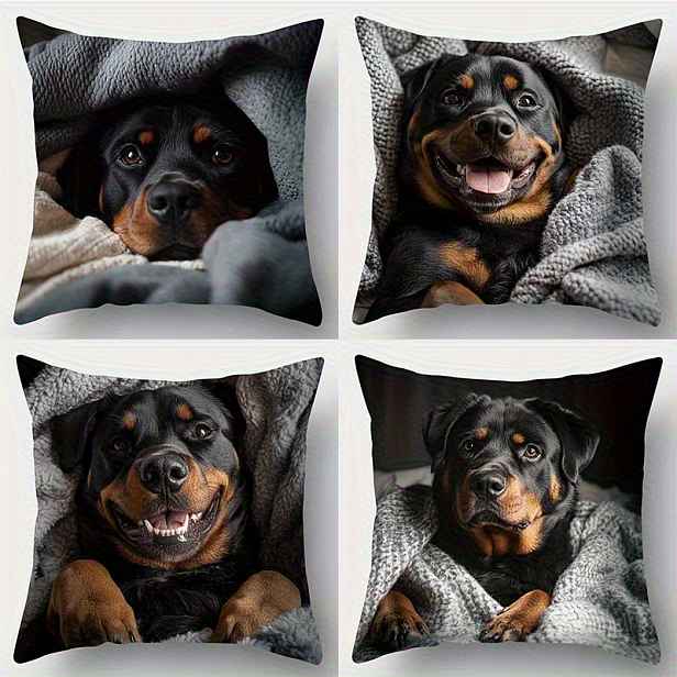 TEMU Sada 4 povlaků na polštáře s Rottweilera a různými pózy psů, polštářové povlaky se zipem, perfektní dárky na Den díkůvzdání, Vánoce, výročí a
