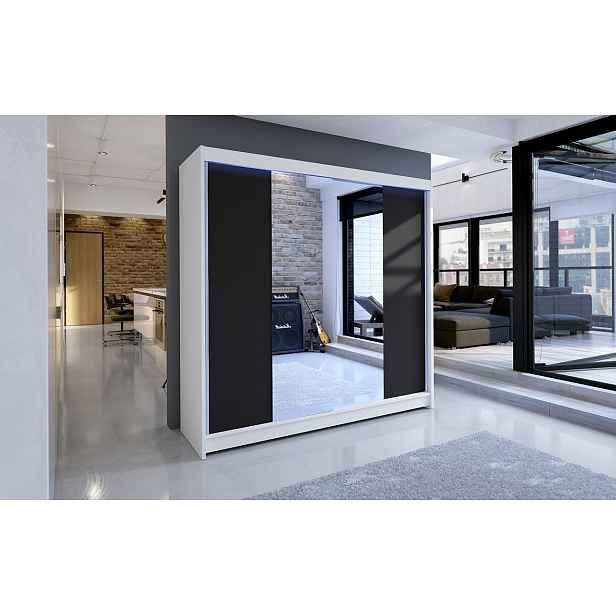 Šatní skříň 180 cm se zrcadlem a LED RGB osvětlením VILMA 2 - bílá / černá