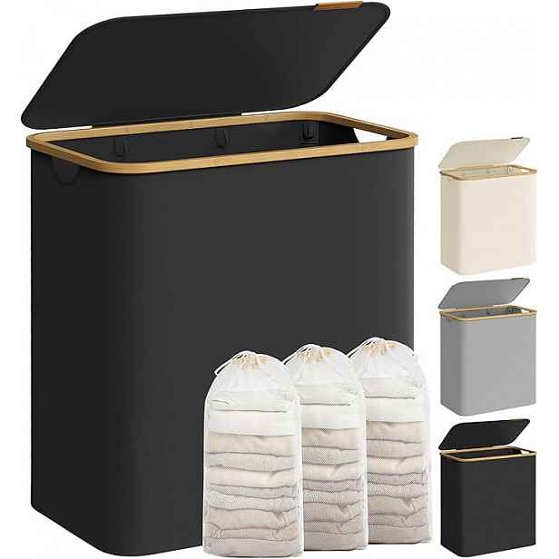Koš na prádlo 150L se 3 přihrádkami, černý, bambusový rám