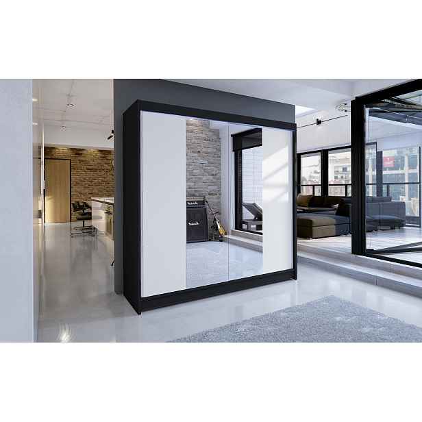 Šatní skříň 180 cm se zrcadlem a LED RGB osvětlením VILMA 2 - černá / bílá