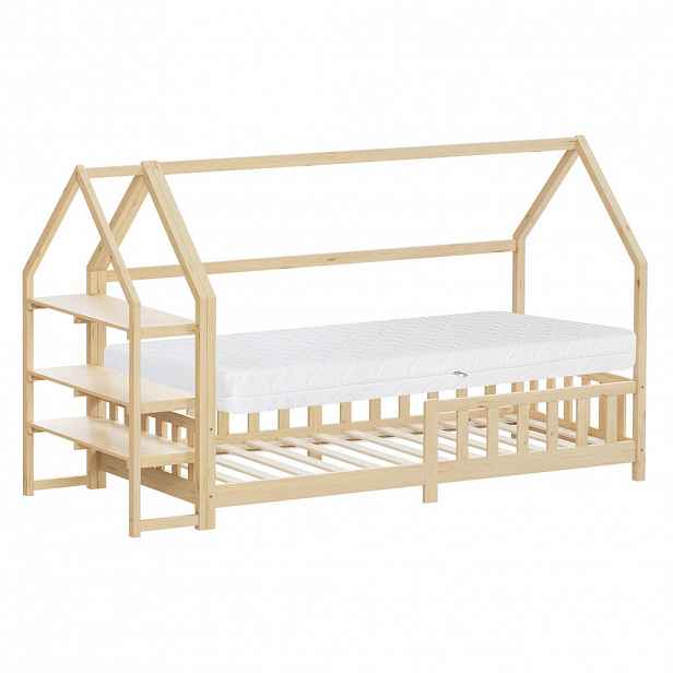 ML-DESIGN DĚTSKÁ POSTEL 90x200 cm s matrací a policí z přírodního borového dřeva