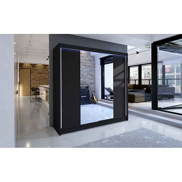Šatní skříň 180 cm se zrcadlem a LED RGB osvětlením VILMA 2 - černá
