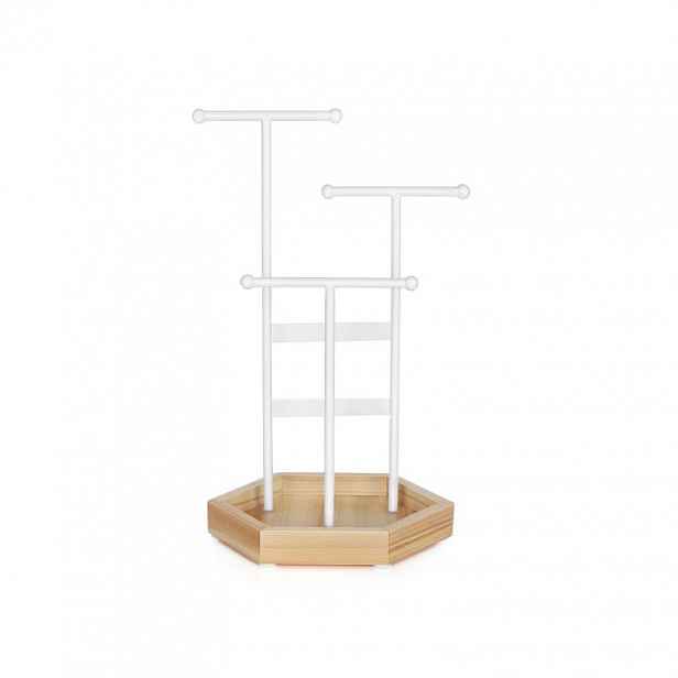 Stojánek na šperky s dřevěnou základnou, bílý