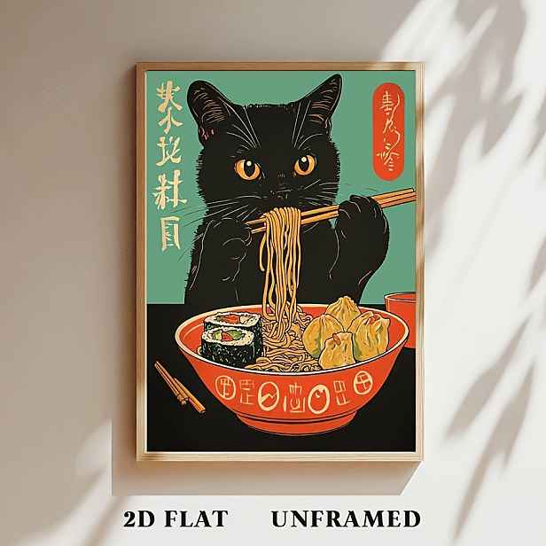 TEMU 2D PLOCHÝ, Bez Rámu, Plakát Japonské Ramen Kočky, Tisk na Plátno s Kreslenými Zvířaty, Zajímavá Nástěnná Umění, Roztomilá Dekorace, Umělecká