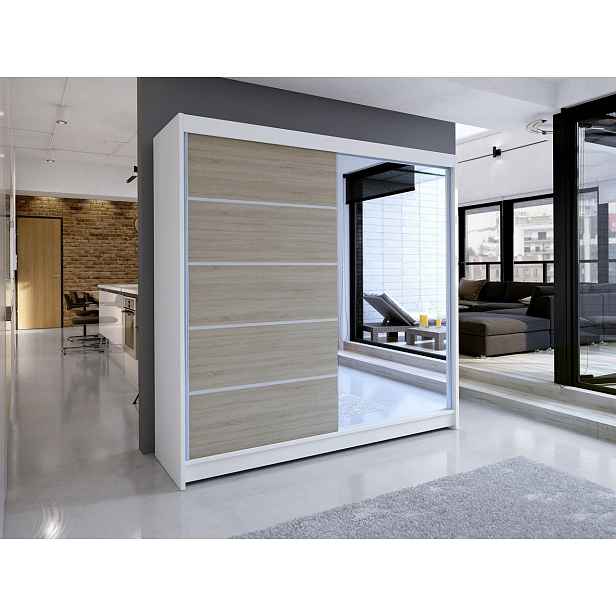 Šatní skříň 180 cm se zrcadlem a LED RGB osvětlením VILMA 3 - bílá / dub sonoma