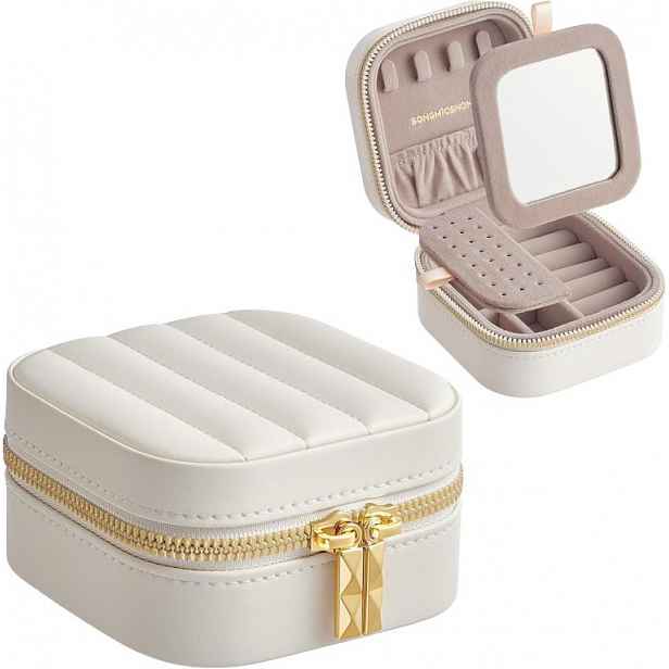 Malá cestovní šperkovnice se zrcátkem a přihrádkami, bílá
