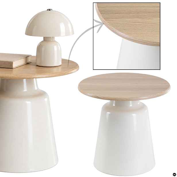 Kávový Stolek kovový béžový kulatý, lavice do obývacího pokoje 50 cm, boční, moderní