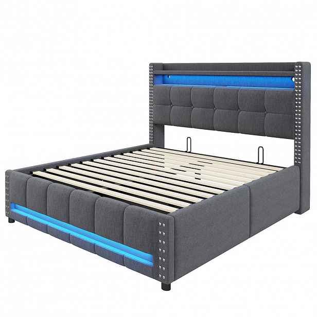Modfu ČALOUNĚNÁ postel z lněné tkaniny 160x200 cm šedá s LED osvětlením, USB portem a hydraulickým úložným prostorem