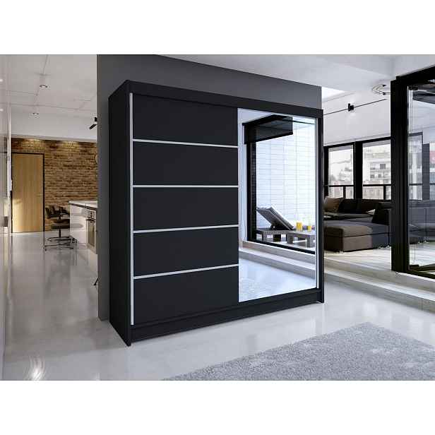 Šatní skříň 180 cm se zrcadlem a LED RGB osvětlením VILMA 3 - černá