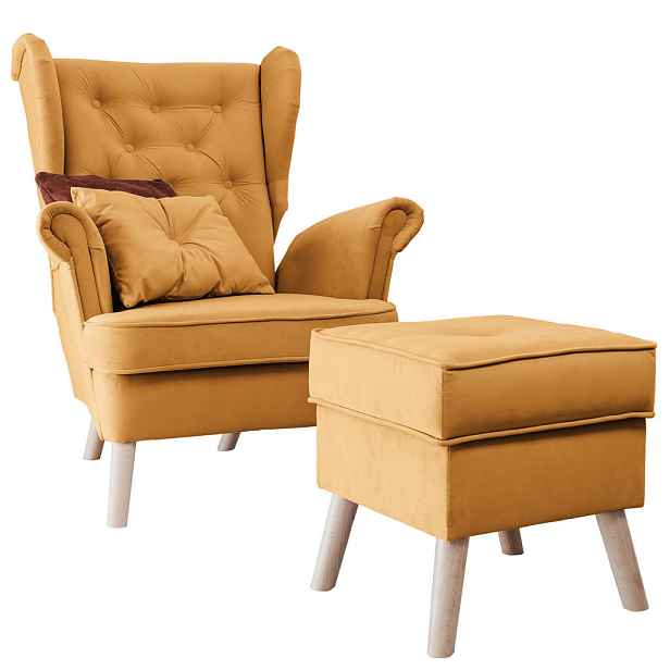 Idohome KŘESLO CLASSIC s podnožkou a bukovými nohami, žluté