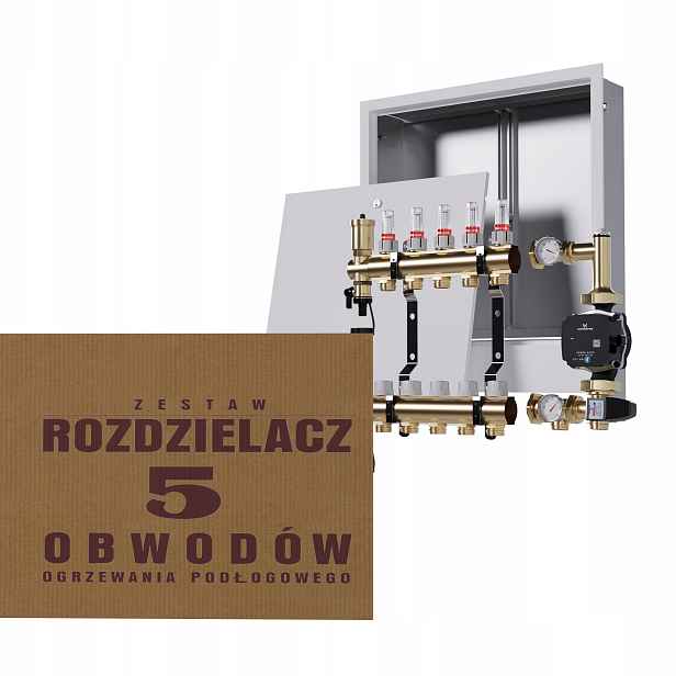 Rozdělovač pro podlahu 5 okruhů se skupinou Grundfos podomítková skříňka
