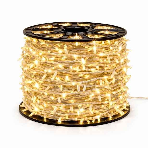 Easy Fix LED světelný řetěz, 100 m, venkovní, teple bílá s FLASH, 2000 diod, bílý kabel, IP67, cívka