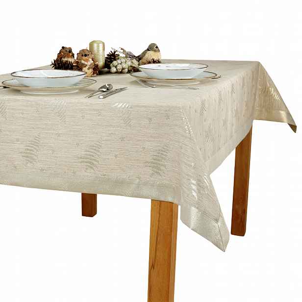 Elegantní vánoční ubrus odolný proti skvrnám, zlaté vánoční stromky a hvězdičky, 150 x 170 cm