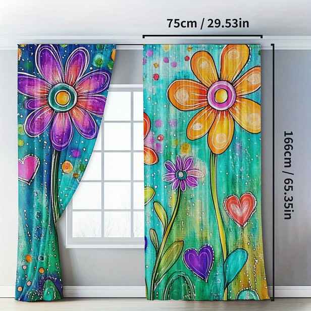 TEMU 2ks Vibrant Curtain - Barevný Snadno Udržovaný Polyesterový Tkan, Design Srdce A Květin, Válec, Poloprůhledný, Lze Prát V Pračce,