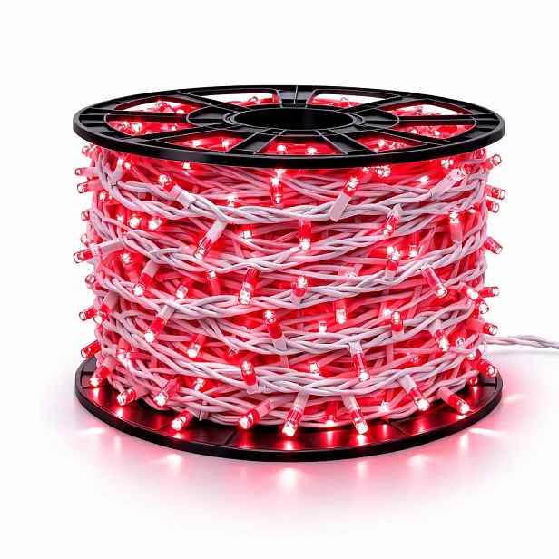 Easy Fix LED světelný řetěz, 100 m, venkovní, červený, 2000 diod, bílý kabel, IP44, cívka