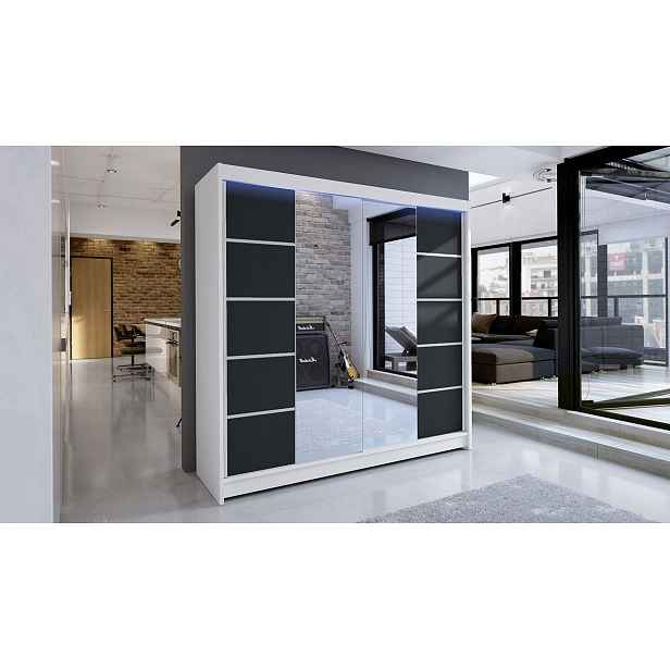 Šatní skříň 180 cm se zrcadlem a LED RGB osvětlením VILMA 5 - bílá / černá
