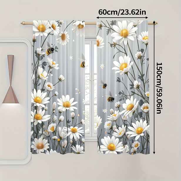 TEMU 2ks Závěsy s Potiskem Sedmikrásek & Včel - Jarní Přírodní Umělecký Dekor Stylu Art Deco, Odolný Polyester s Filtrováním Světla, Design se