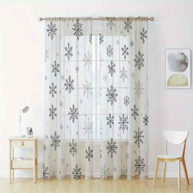 TEMU Sada 2 okenních sítí se sněhovým designem: Elegantní umělecký design, průsvitné závěsy, ideální pro dekoraci oken v ložnicích, obývacích