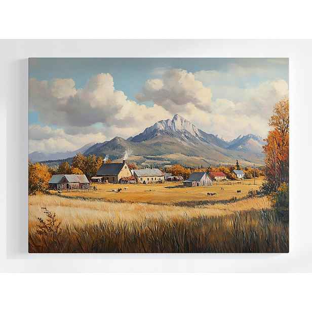 Plakát Rustikální Krajina Vesnice Domy Hory Pole Podzim 100x75