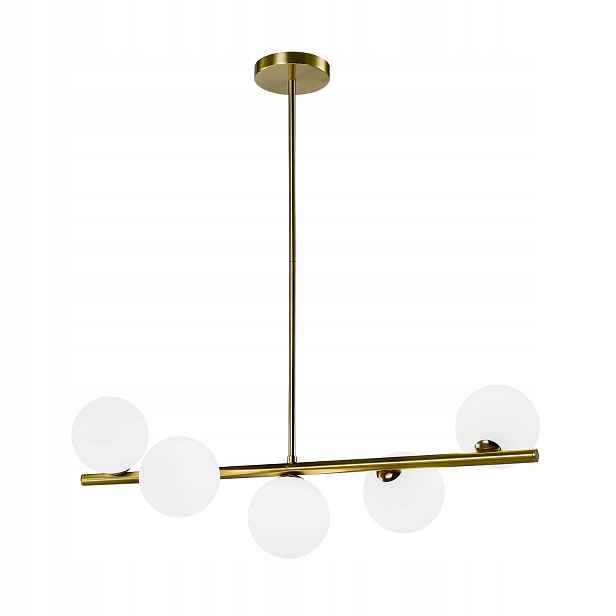 Zlatý lustr s bílými Skleněnými Stínítky 5xG9 Elegantní závěsná lampa