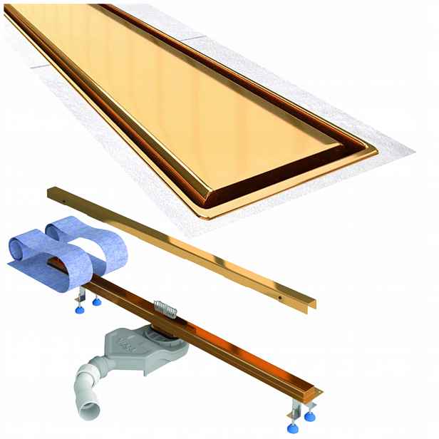 Lineární odtok 90 cm zlatý nízký sifon Viega kompletní sada Waterway Slim