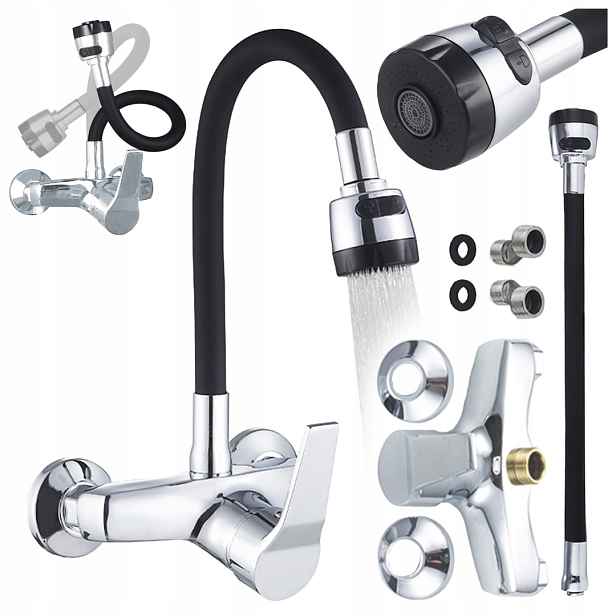 Kuchyňská Nástěnná Baterie Dover Ohebná, Černá Výtoková Základna, Chrom