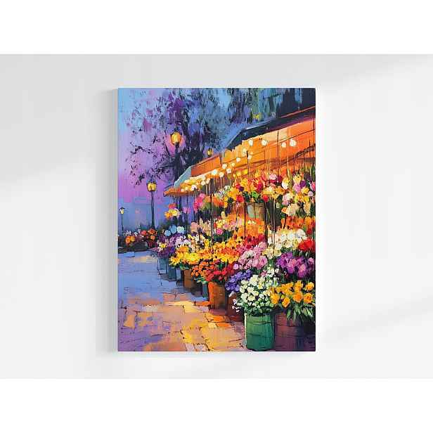 Plakát Město Ulice Večer Obchod Stragan Květiny 75x100