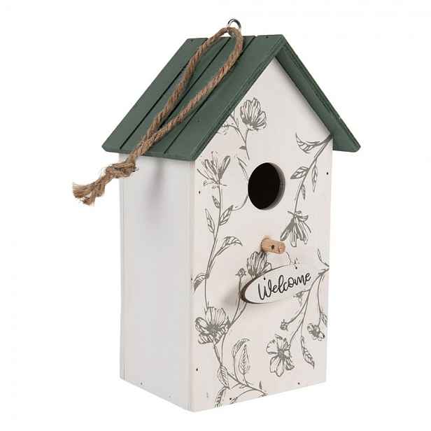 Zeleno-bílá dřevěná ptačí budka s květy Birdhouse - 15*10*22 cm Clayre & Eef