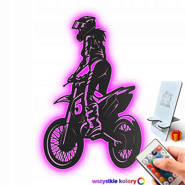 Dřevěný obraz Dívka na motokrosu Nástěnný Dárek Noční Lampa Led XL